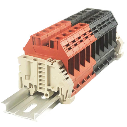 Dinkle Assembly DK10N Red/Black 10 Gang Box Connector DIN Rail Terminal Blocks, 6-20 AWG, 60 Amp, 600 Volt Separate Circuits
