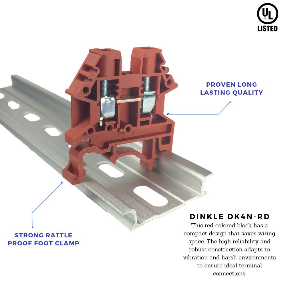 Dinkle Dinkle DK4N-RD DIN Rail Terminal Block, Screw Type UL 600V 30A 10-22AW ...