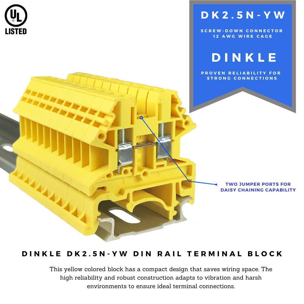 ICI Dinkle Assembly DK2.5N-YW 10 Gang Box Connector DIN Rail Terminal Blocks, 12-22 AWG, 20 Amp, 600 Volt Separate Circuits Yellow
