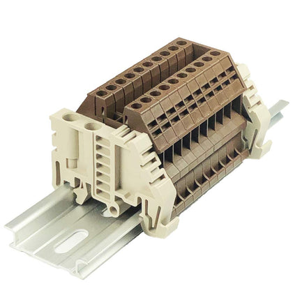 Dinkle Assembly DK2.5N-BR 10 Gang Box Connector DIN Rail Terminal Blocks, 12-22 AWG, 20 Amp, 600 Volt Separate Circuits Brown