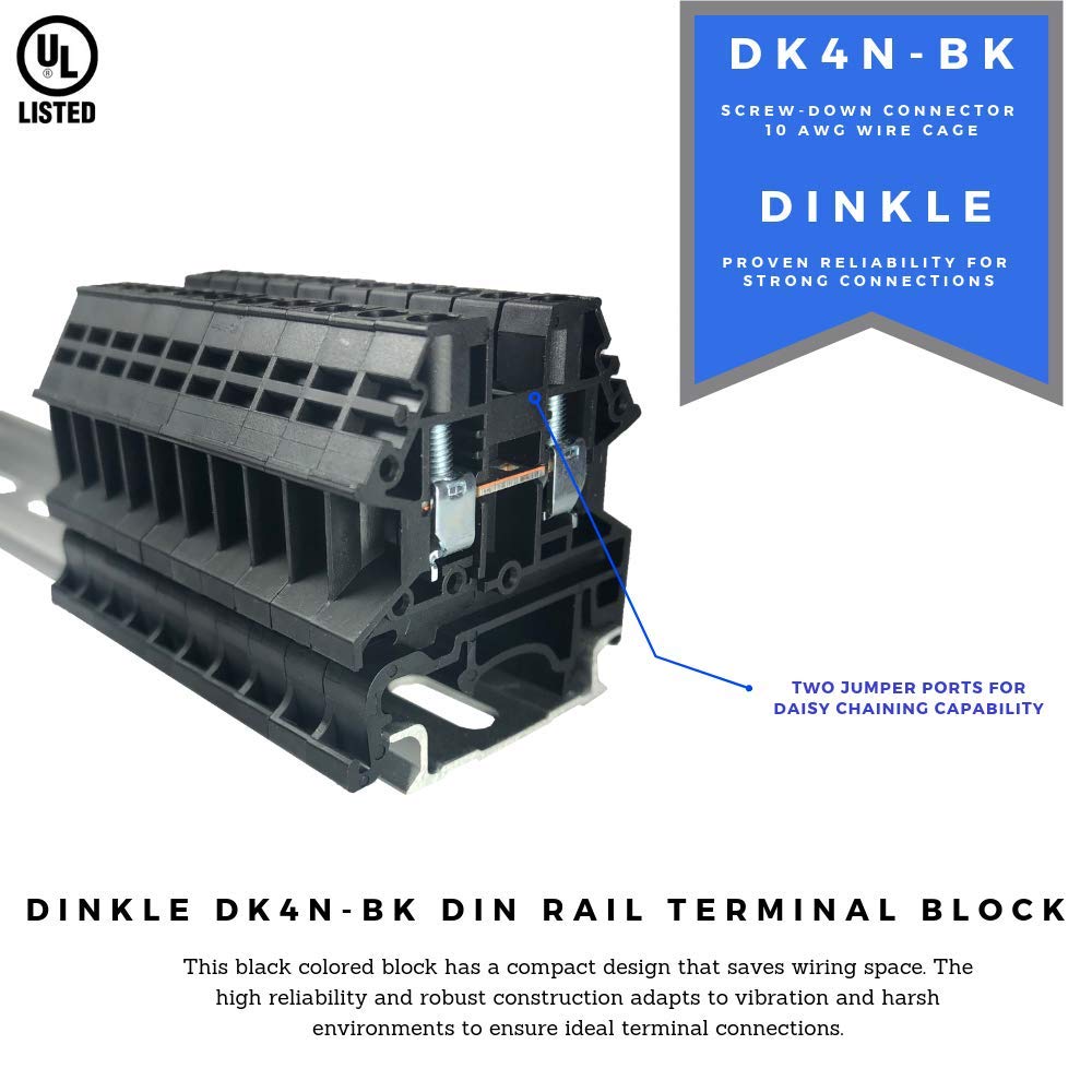 Dinkle Dinkle DK4N-BK DIN Rail Terminal Block Screw Type UL 600V 30A 10-22AWG ...
