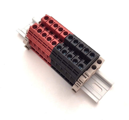 Dinkle Assembly DK6N Red/Black 10 Gang Box Connector DIN Rail Terminal Blocks, 8-20 AWG, 50 Amp, 600 Volt Separate Circuits