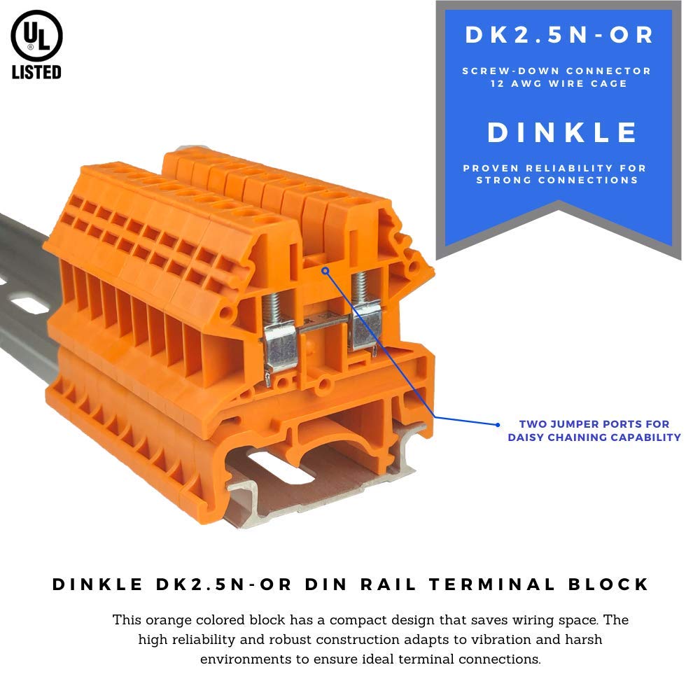 Dinkle DK2.5N-OR DIN-Schienenklemmen – 10 Stück, Orange, 12AWG, 20A, 600V – Perfekt Für Die Verteilung
