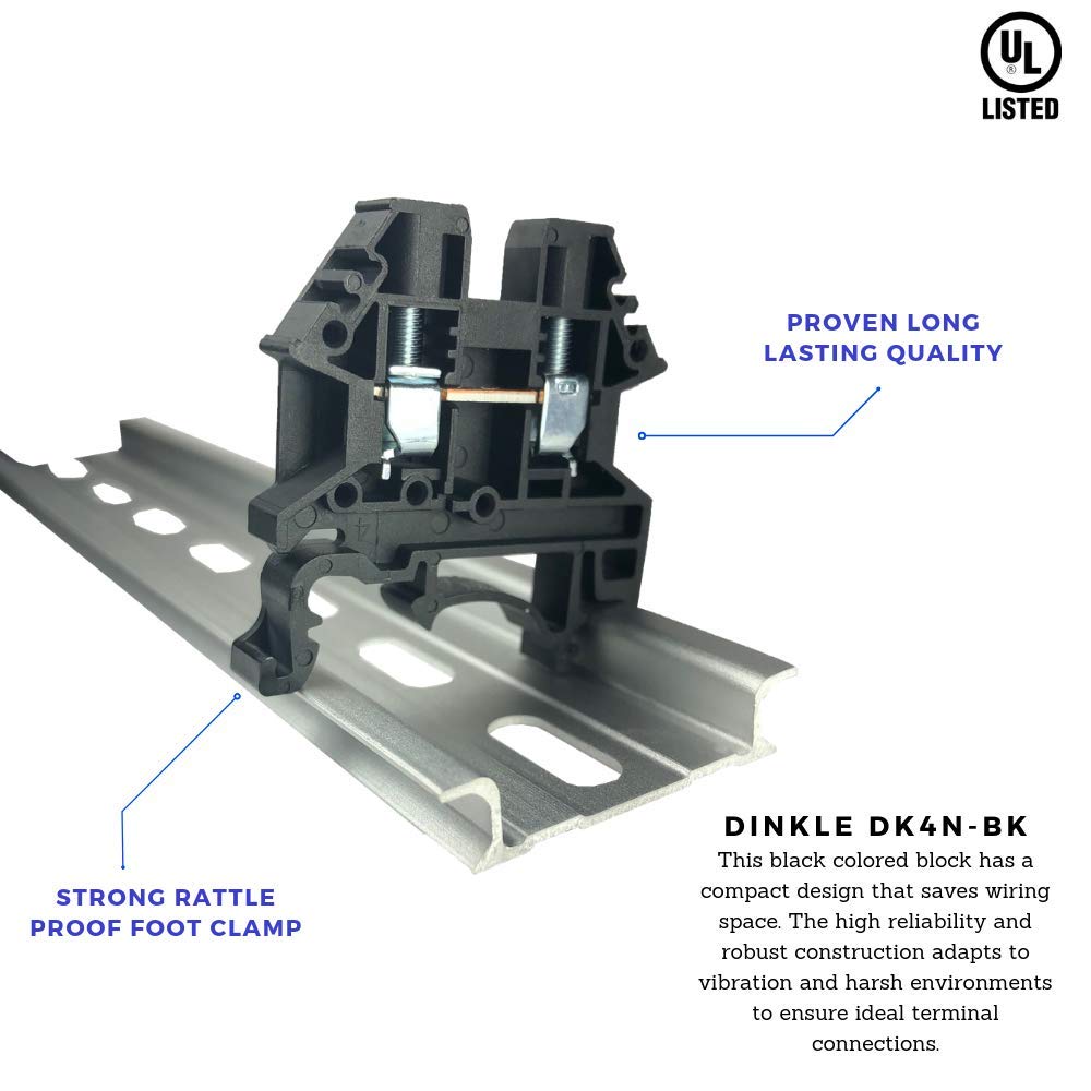 Dinkle Dinkle DK4N-BK DIN Rail Terminal Block Screw Type UL 600V 30A 10-22AWG ...