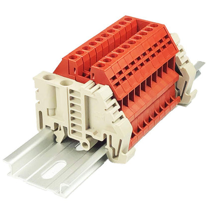 Dinkle Assembly DK2.5N-RD 10 Gang Box Connector DIN Rail Terminal Blocks, 12-22 AWG, 20 Amp, 600 Volt Separate Circuits Red
