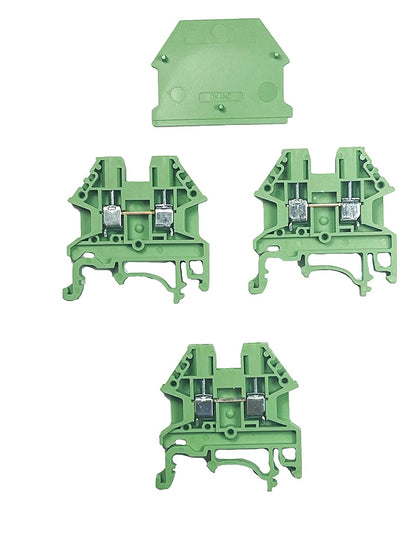ICI Dinkle DK2.5N-GN 3 Pieces DIN Rail Terminal Block with End Cover DK4NC-GN Screw Type Green UL 12-22AWG, 20A, 600V